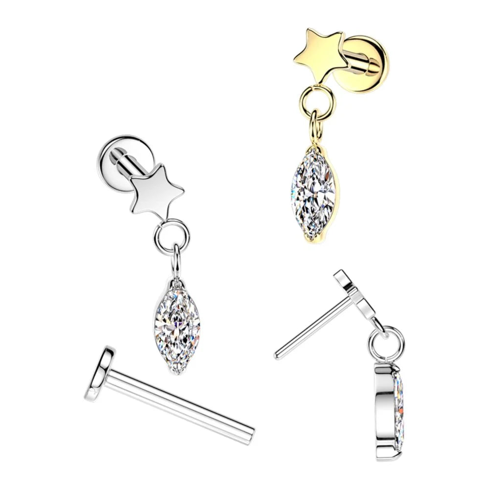 Titanium Threadless Push In Flat Back Labret With Flat Star Top And Marquise CZ Dangle