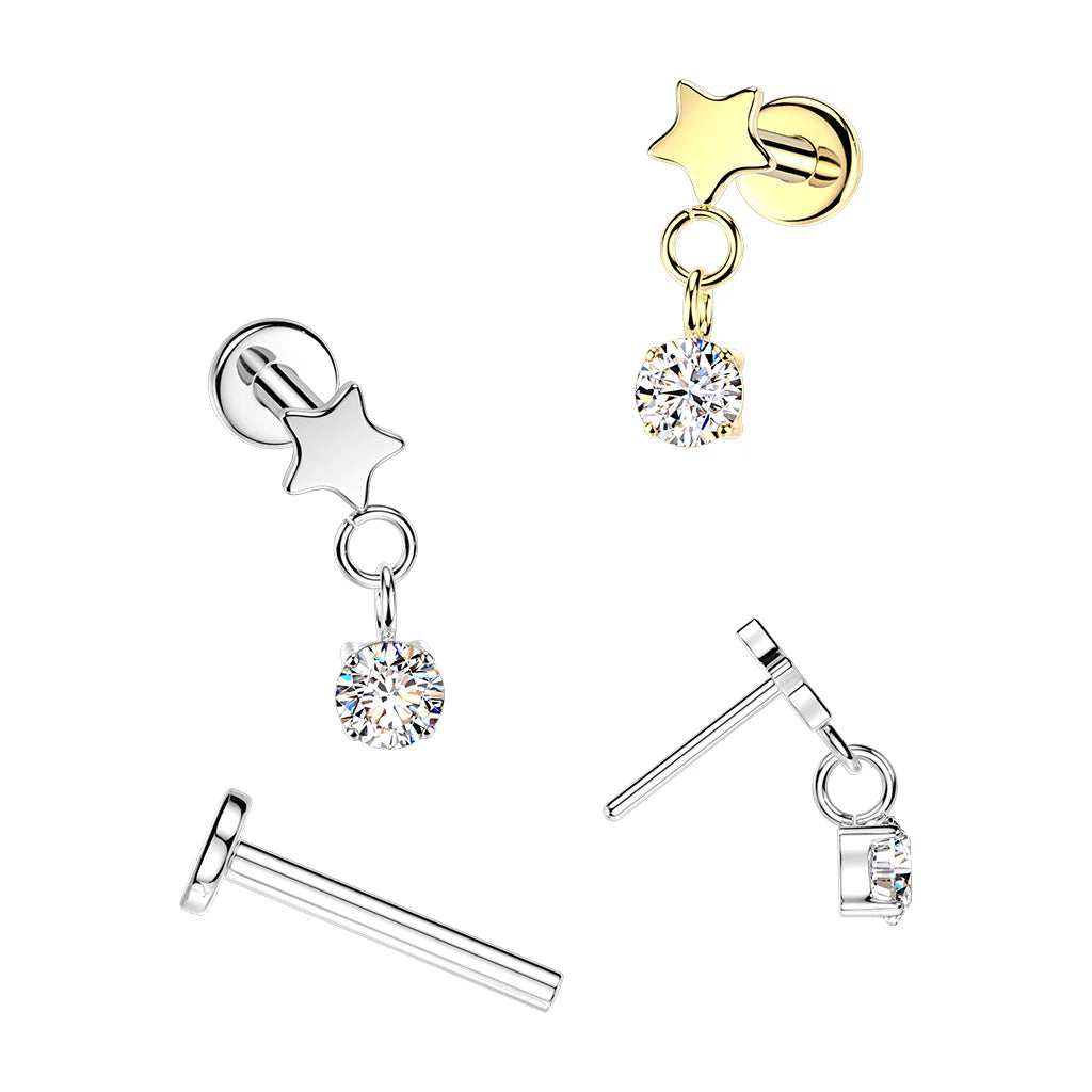 Titanium Threadless Push In Flat Back Labret With Flat Star Top And Round CZ Dangle
