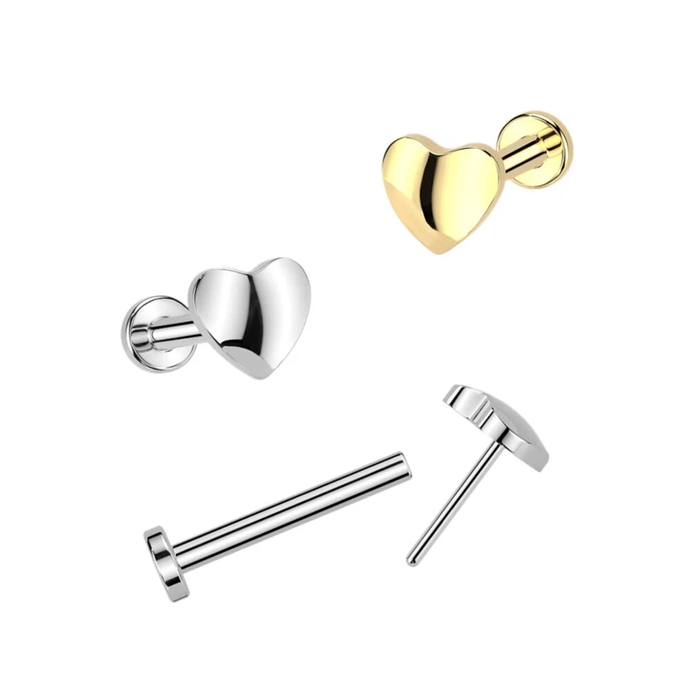 Titanium Threadless Push In Flat Back Stud With 3D Heart Top For Nose, Ear and More