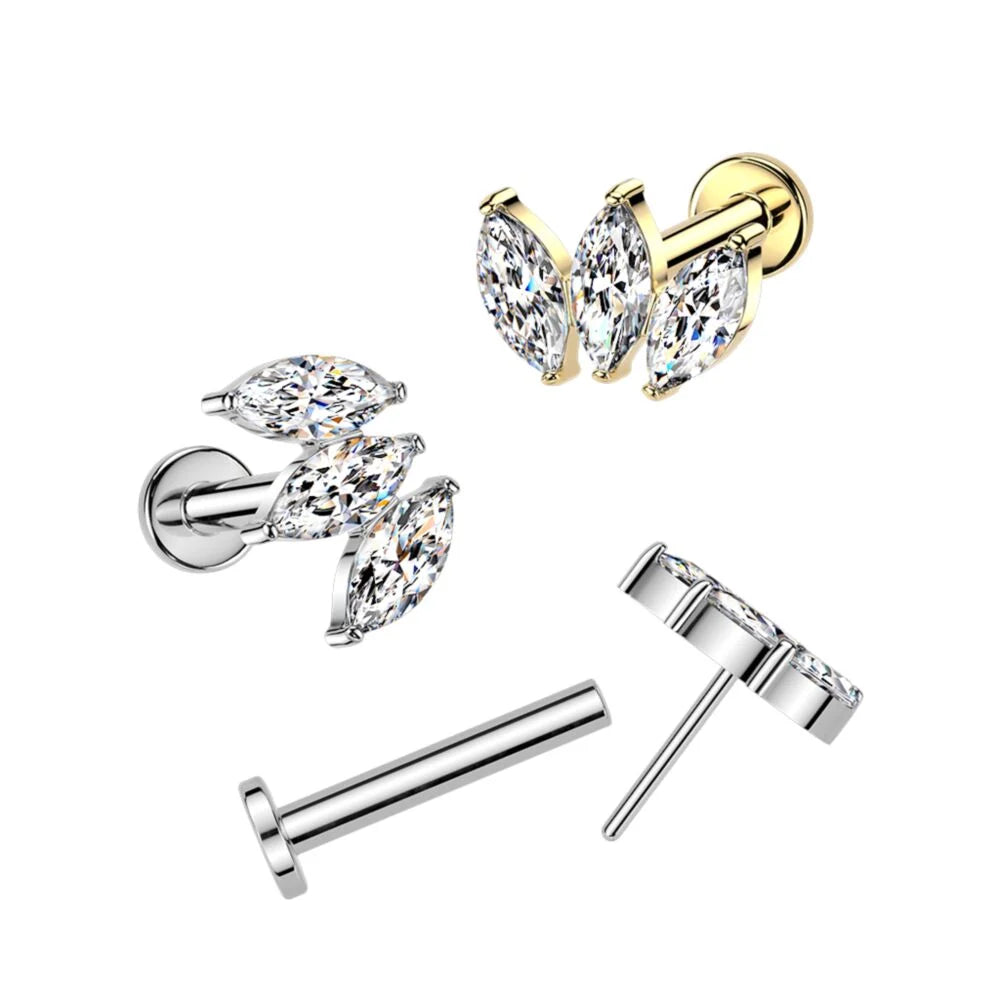 Titanium Threadless Push In Flat Back Stud With 3 Marquise CZ Top