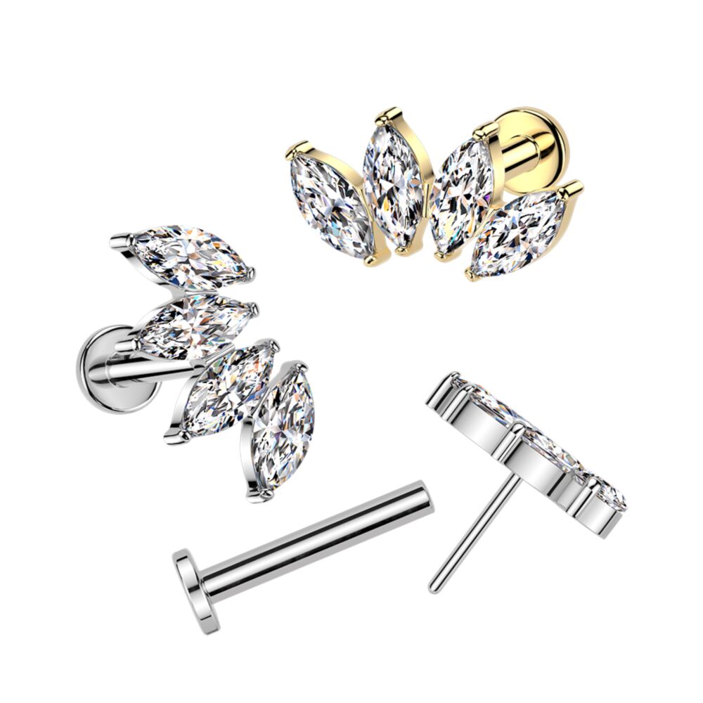 Titanium Threadless Push In Flat Back Stud With 4 Marquise CZ Fan Top