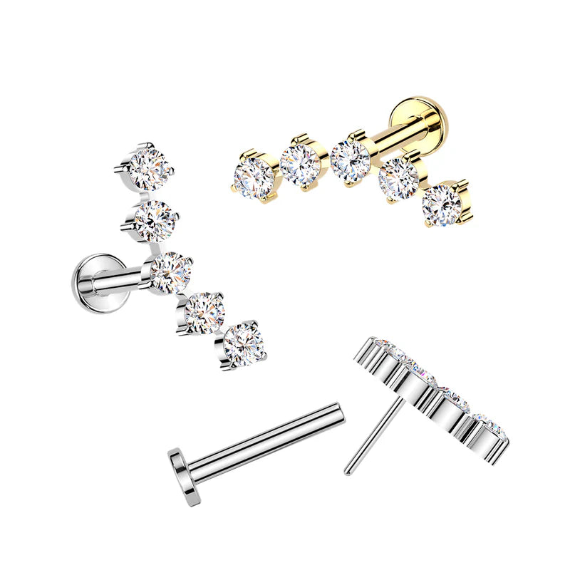 Titanium Threadless Push In Flat Back Stud With 5 Round CZ Curved Top