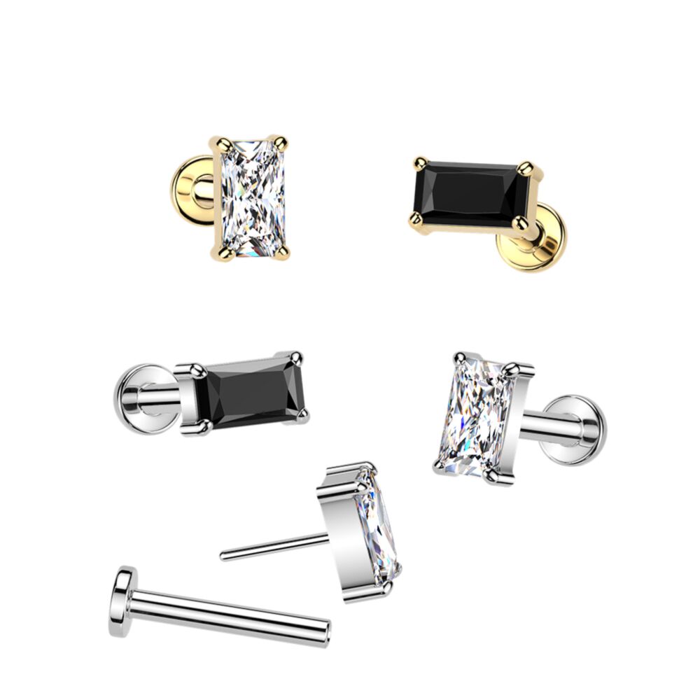 Titanium Threadless Push In Flat Back Stud With Rectangle CZ Top