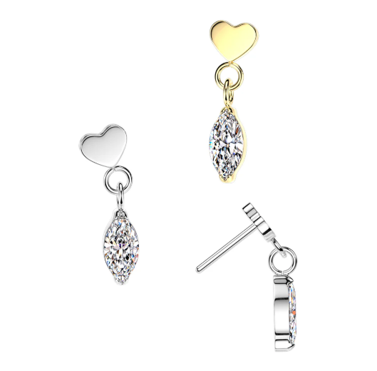 Titanium Threadless Push In Flat Heart Top And Marquise CZ Dangle