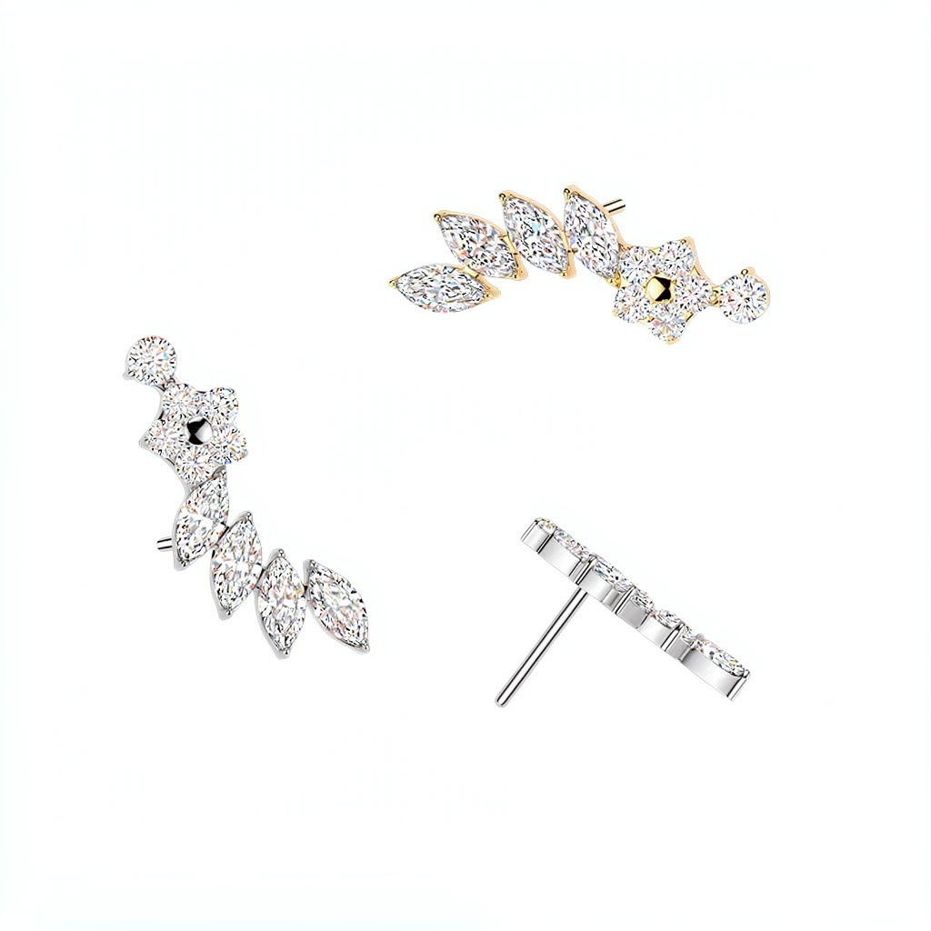 Titanium Threadless Push In Flower & Marquise CZ Curved Top