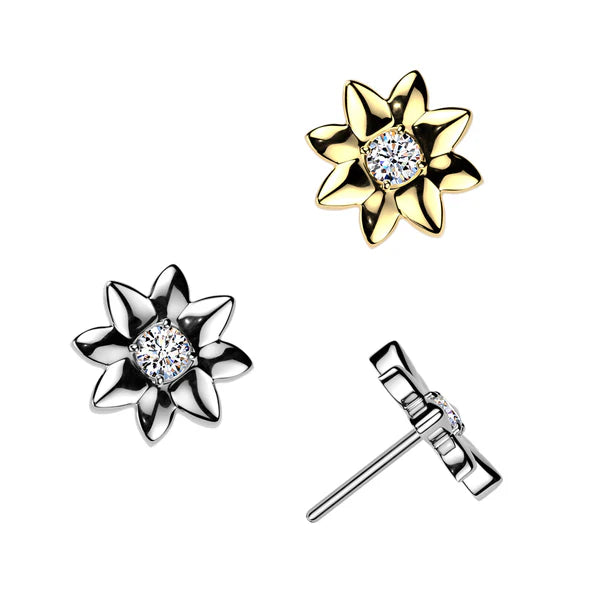 Titanium Threadless Push In Flower With CZ Center Top