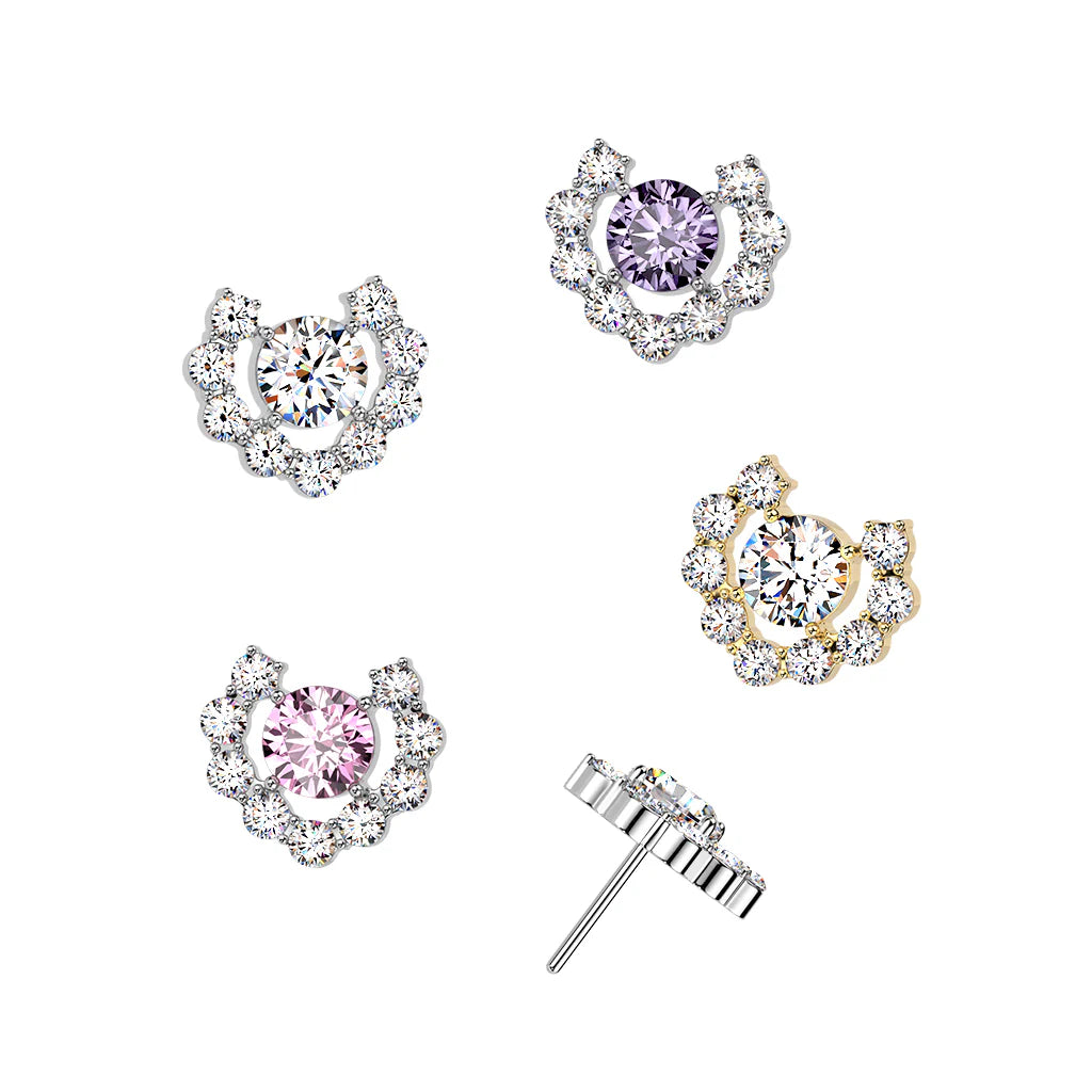 Titanium Threadless Push In Heart Shaped Round CZ Cluster Top