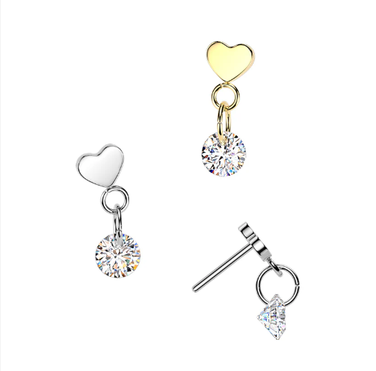 Titanium Threadless Push In Heart Top With Round CZ Dangle