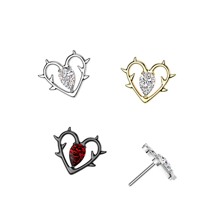Titanium Threadless Push In Heart With Thorn and CZ Center Top