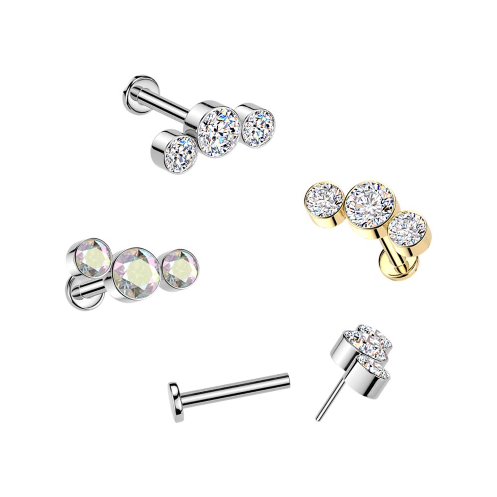 Titanium Threadless Push In Labret With 3 Round Bezel Set CZ Curve Top