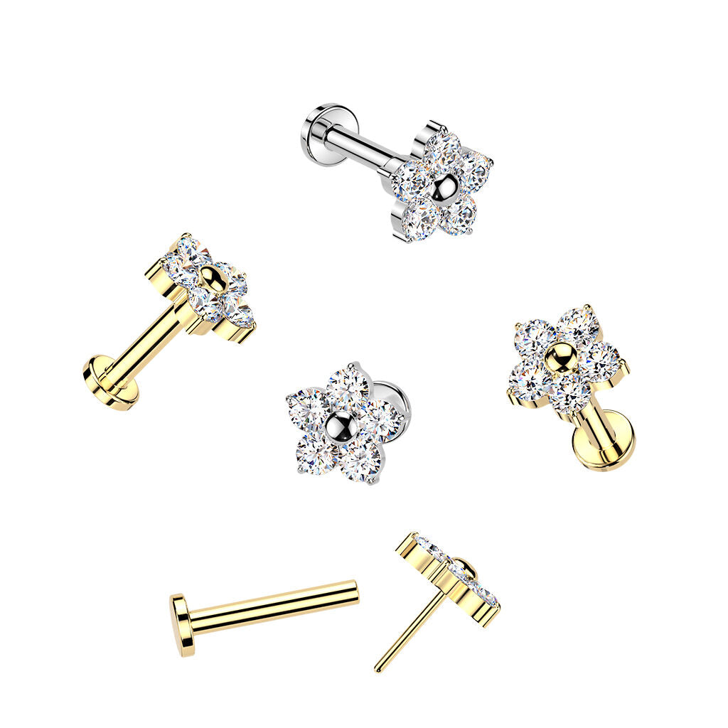 Titanium Threadless Push In Labret With 5 CZ Flower Top
