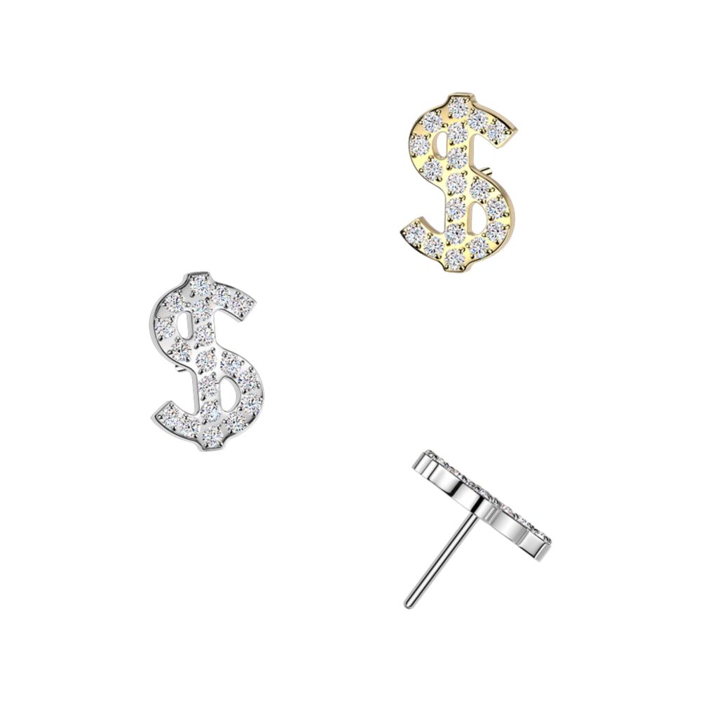 Titanium Threadless Push In Pave CZ Dollar Sign