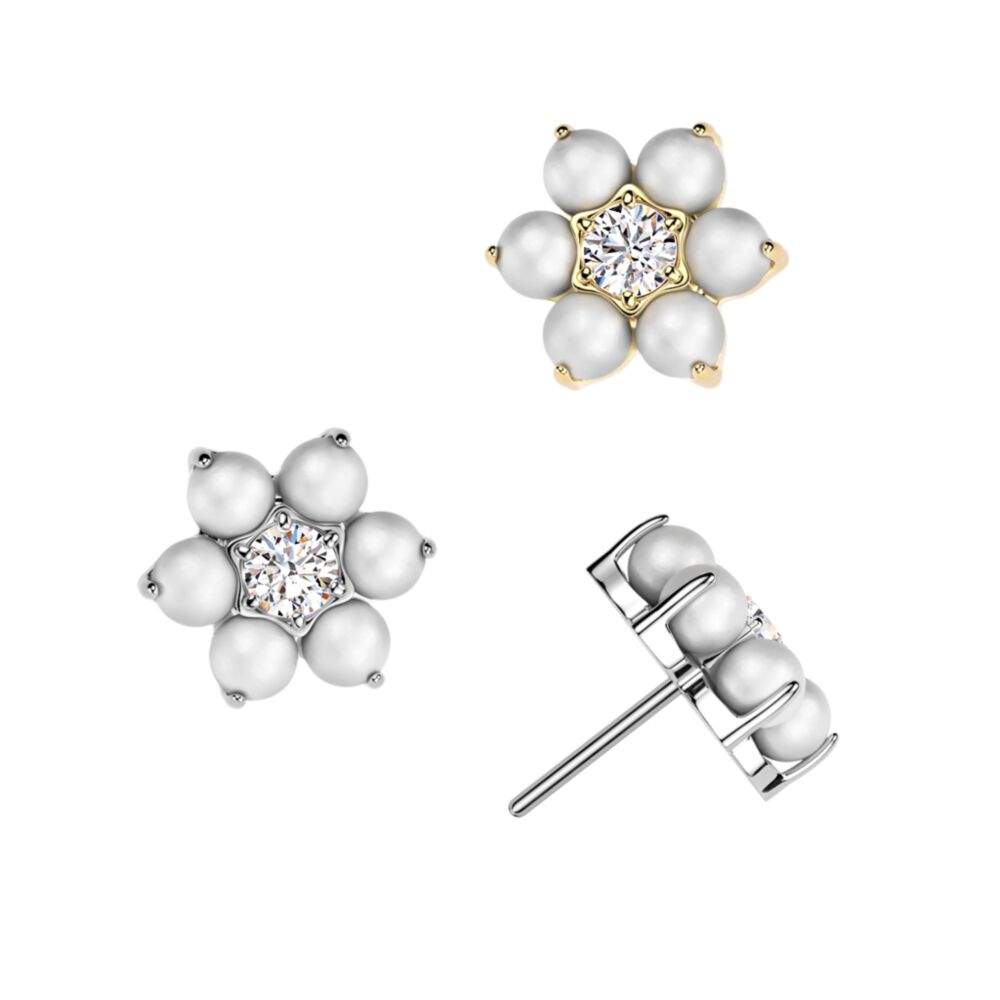 Titanium Threadless Push In Pearl Set With CZ Center Flower Top