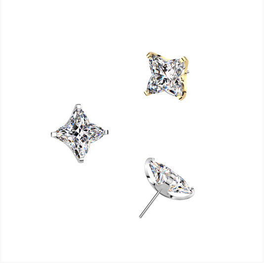 Titanium Threadless Push In Square Flower CZ Top