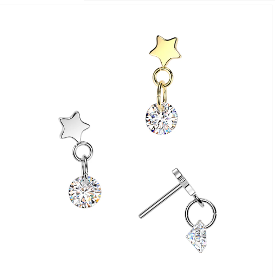 Titanium Threadless Push In Star Top With Round CZ Dangle