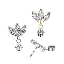 Titanium Threadless Push In Top Three Marquise CZ With Round CZ Dangle