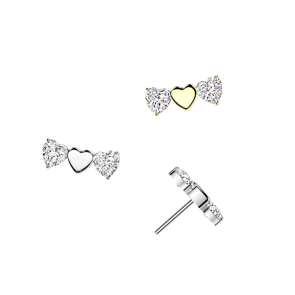 Titanium Threadless Push In Triple Heart Top With 2 CZ Heart