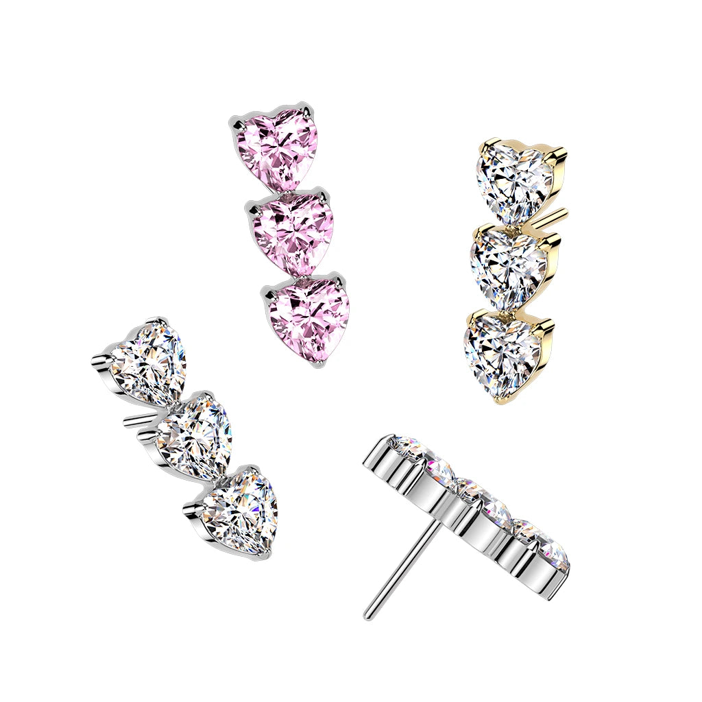 Titanium Threadless Push In Triple Vertical CZ Heart Top