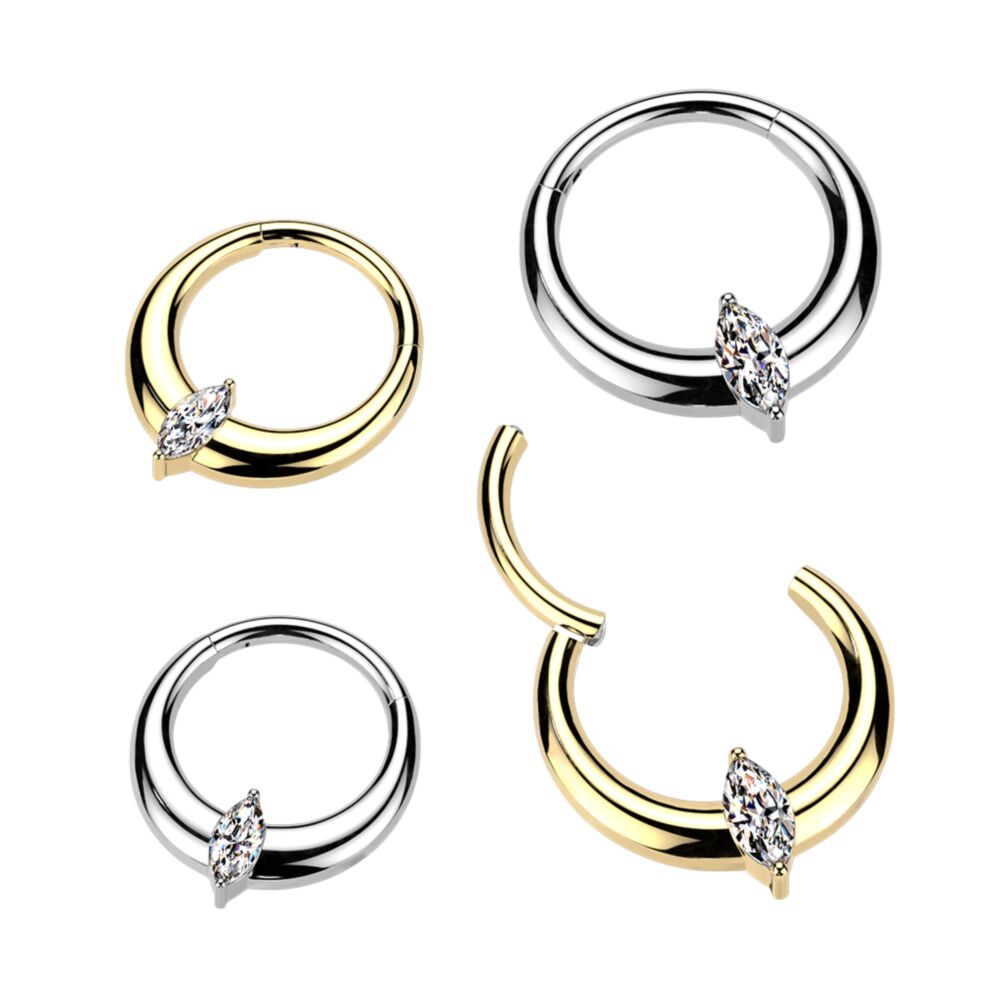 Titanium Wide Hinged Clicker Segment Hoop Ring With Marquise CZ Center