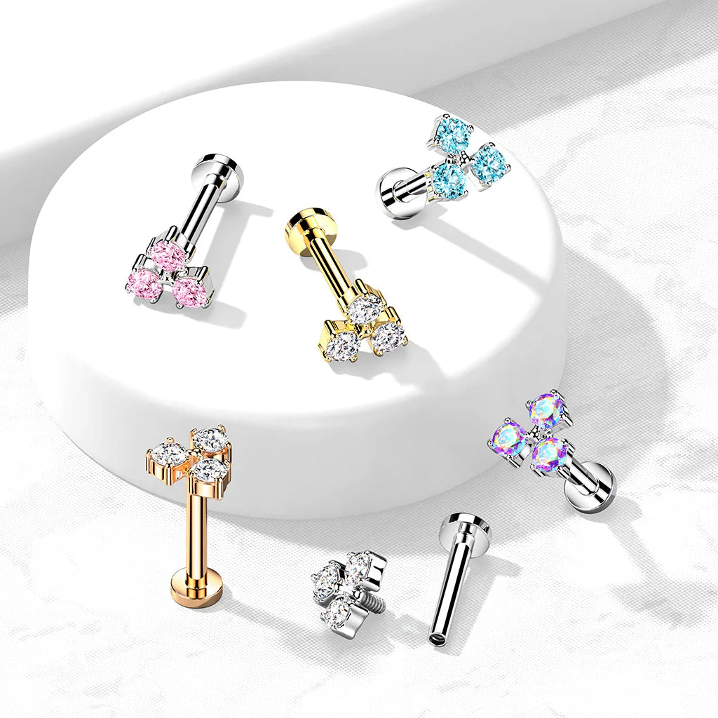 Triangle CZ Set Internally Threaded 316L Surgical Steel Flat Back Studs...