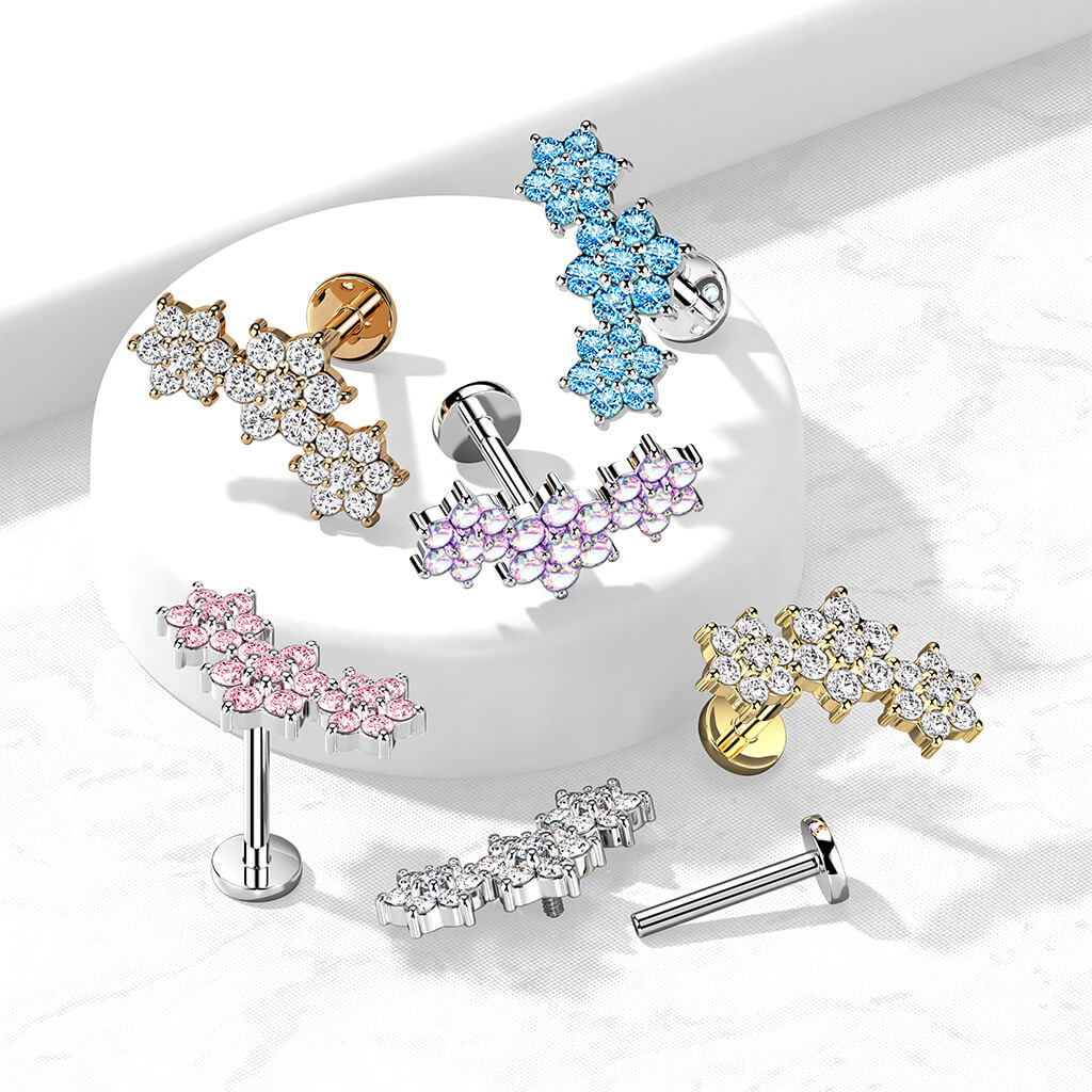 Triple CZ Flower Cluster Top on Internally Threaded 316L Surgical Steel...