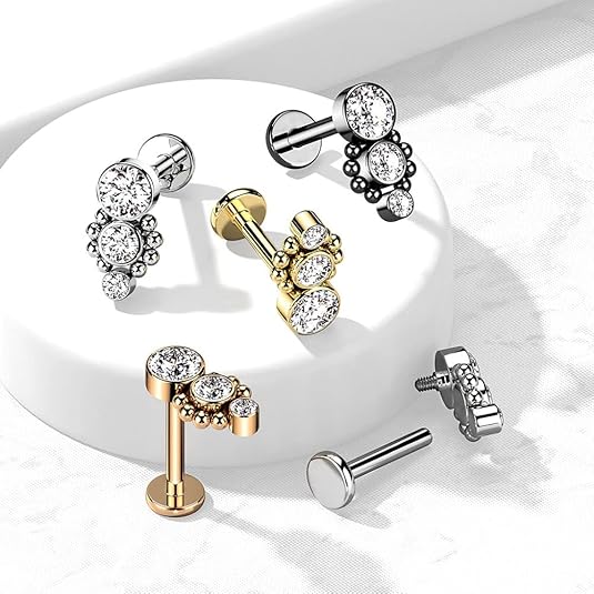 Triple CZ Round Dropdown With Ball Cluster Internally Threaded 316L...