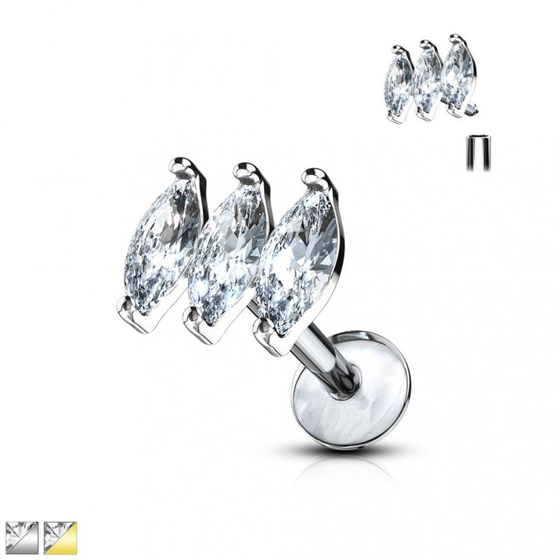Triple Marquise CZ Prong Set Top 316L Surgical Steel Internally...