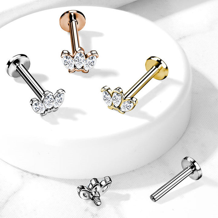 Triple Marquise CZ on Internally Threaded 316L Surgical Steel Flat Back...