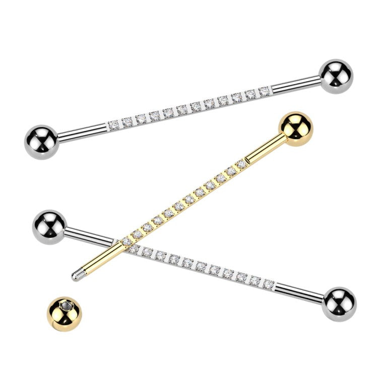 Implant Grade Titanium Externally Threaded Industrial Barbell With CNC Set CZ Lined Bar
