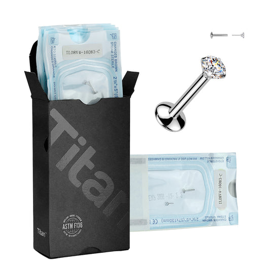 Implant Grade Titanium Pre-Sterilized Internally Threaded Labret, 4mm Convex Base With Pressed Fit Crystal Top