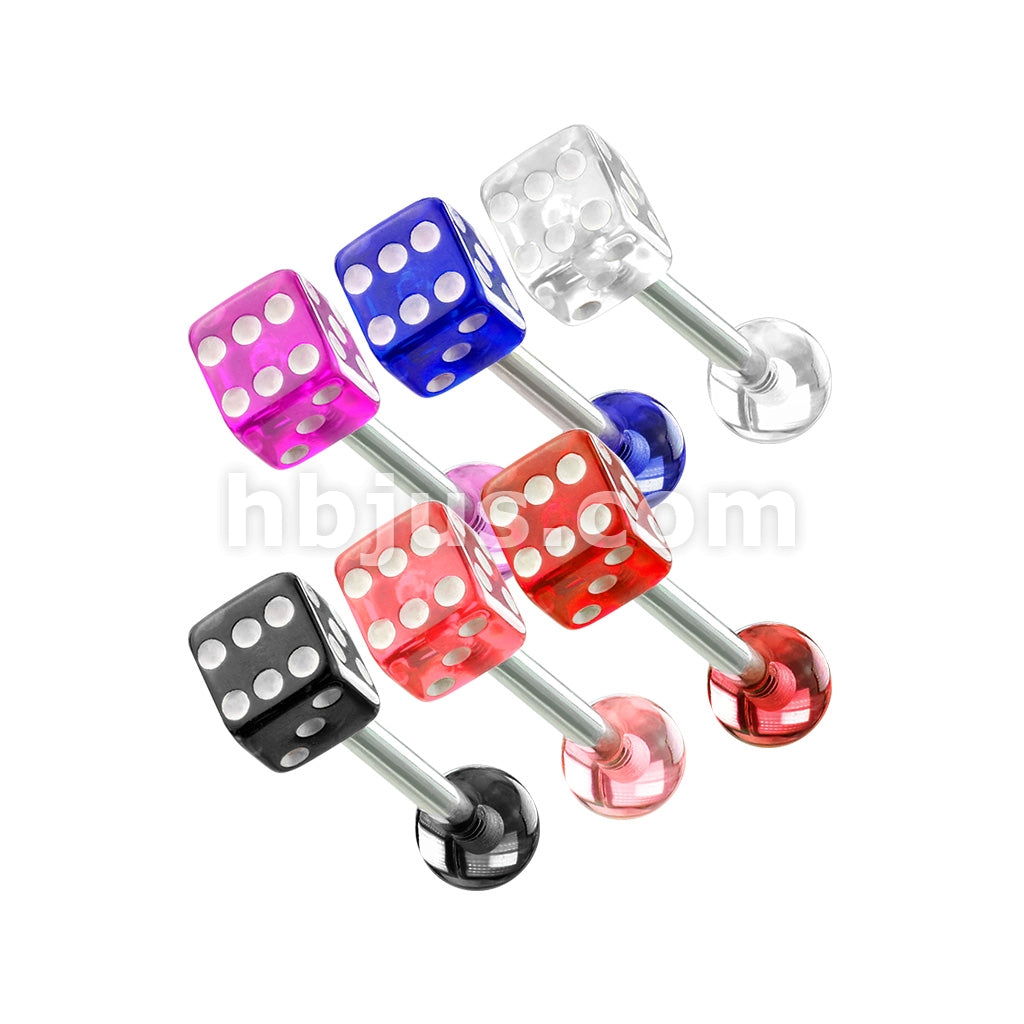 6 Pcs Value Pack of Assorted Color 316L Surgical Steel Barbells with Acrylic Dice - Image 2