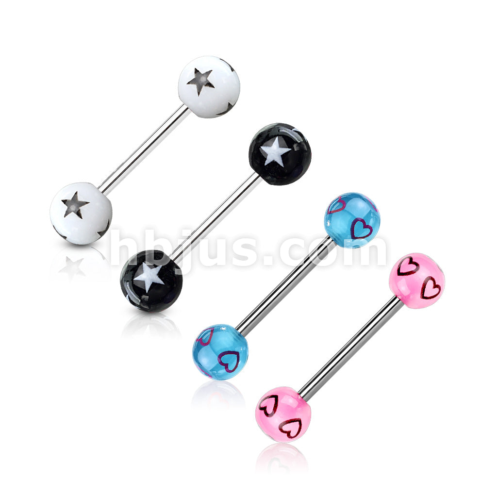 4 Pcs Value Pack of Assorted Color 316L Surgical Steel Barbells with Stars or Hearts Patterned Acrylic Balls - Image 2