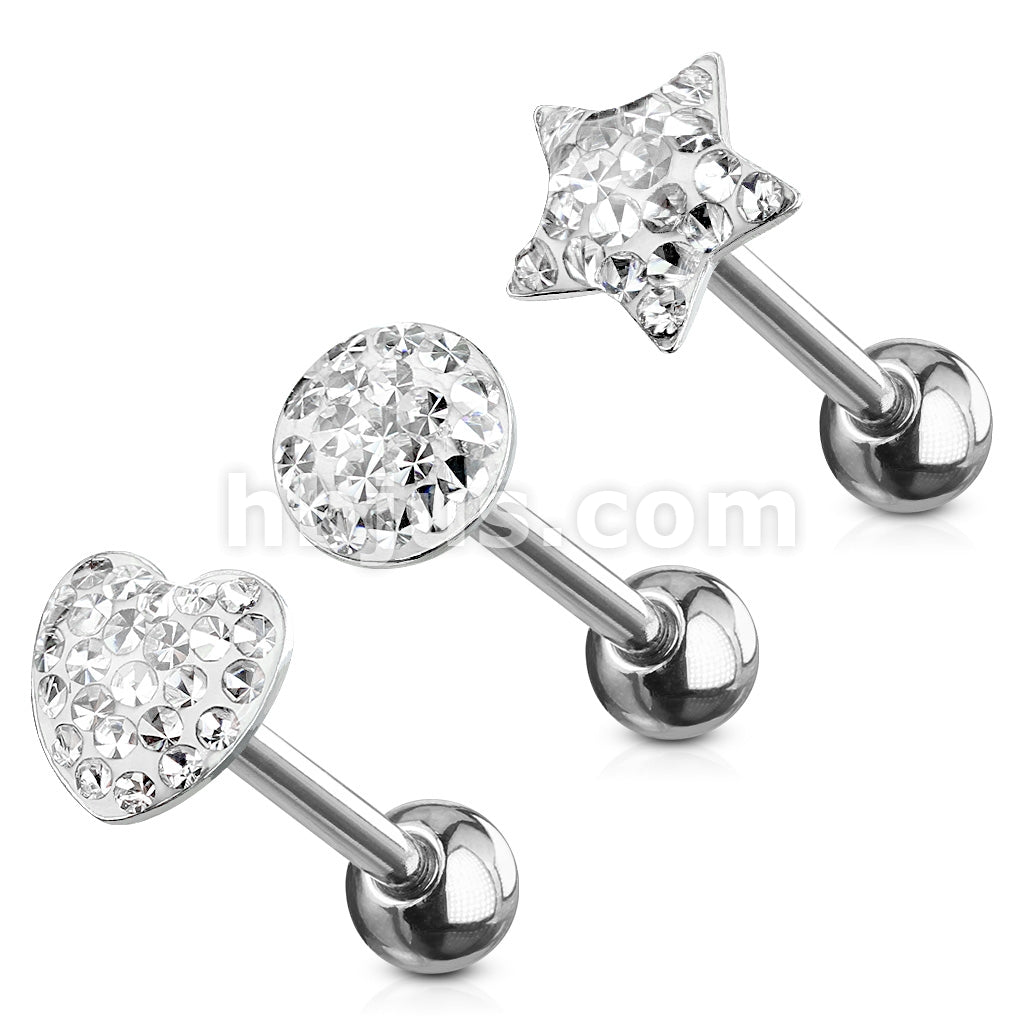 3 Pcs Assorted Shapes 316L Surgical Steel Clear CZ Paved Tongue Ring Pack - Image 2