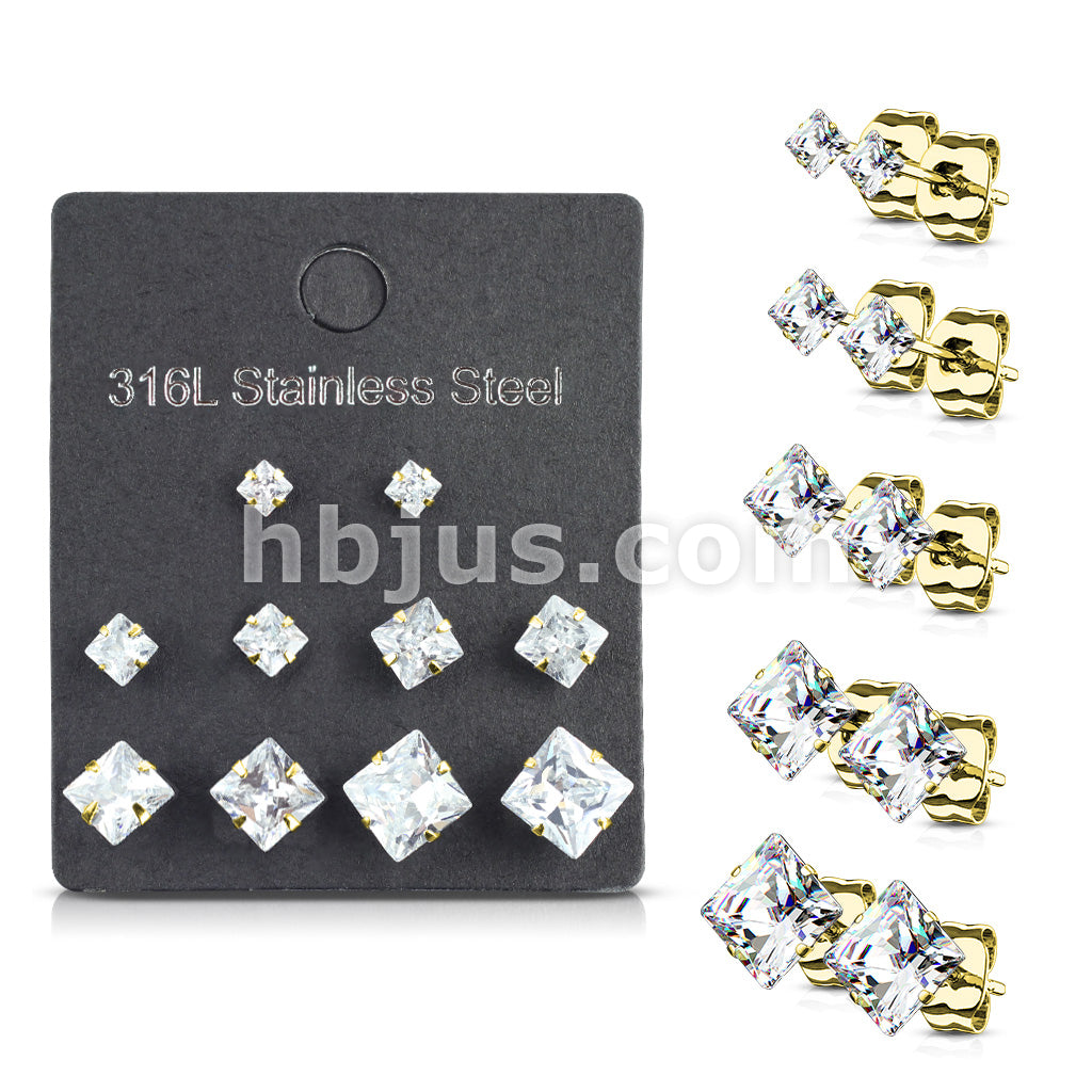 5 Pairs of Assorted Sizes Prong Set Square CZ Stainless Steel Stud Earrings Pack - Image 2