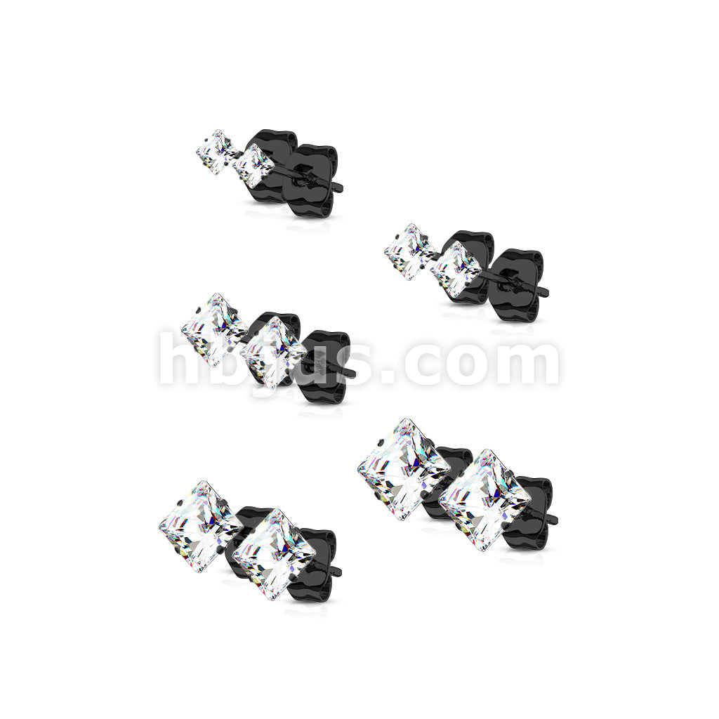 5 Pairs of Assorted Sizes Prong Set Square CZ Stainless Steel Stud Earrings Pack - Image 5