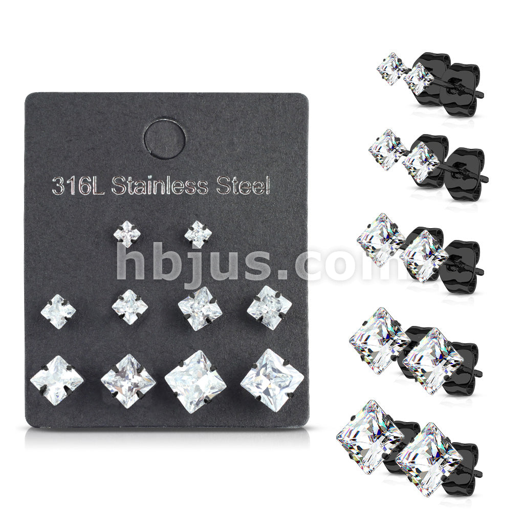 5 Pairs of Assorted Sizes Prong Set Square CZ Stainless Steel Stud Earrings Pack - Image 4