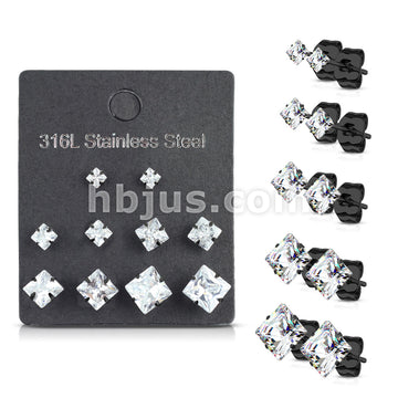 5 Pairs of Assorted Sizes Prong Set Square CZ Stainless Steel Stud Earrings Pack - Image 4