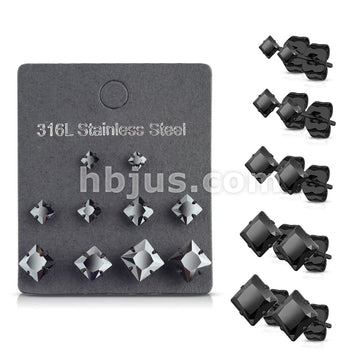 5 Pairs of Assorted Sizes Prong Set Square CZ Stainless Steel Stud Earrings Pack - Image 6