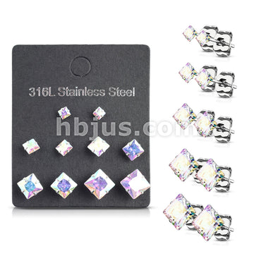 5 Pairs of Assorted Sizes Prong Set Square CZ Stainless Steel Stud Earrings Pack - Image 8