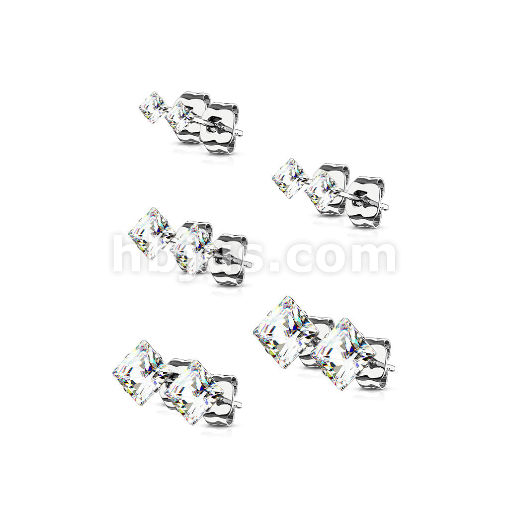 5 Pairs of Assorted Sizes Prong Set Square CZ Stainless Steel Stud Earrings Pack - Image 11