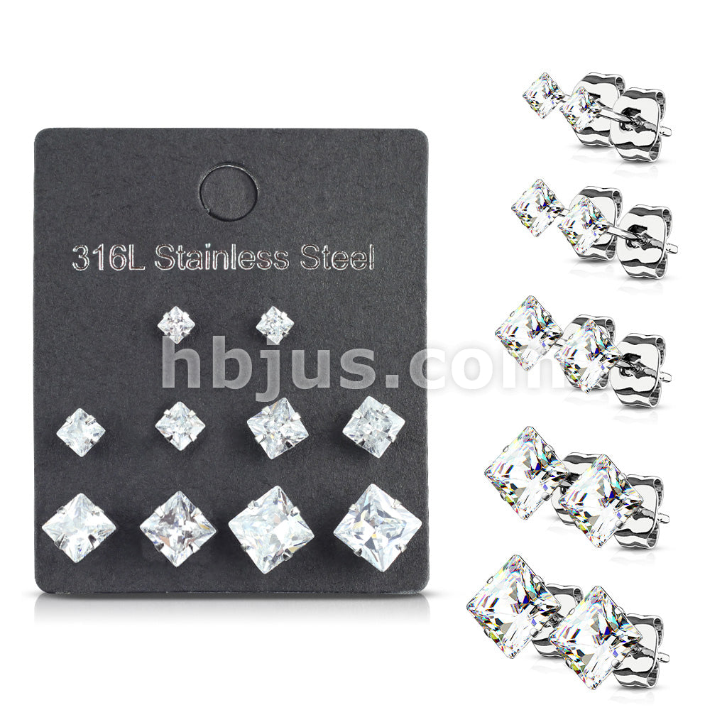 5 Pairs of Assorted Sizes Prong Set Square CZ Stainless Steel Stud Earrings Pack - Image 10