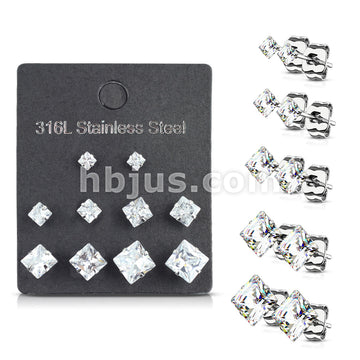5 Pairs of Assorted Sizes Prong Set Square CZ Stainless Steel Stud Earrings Pack - Image 10