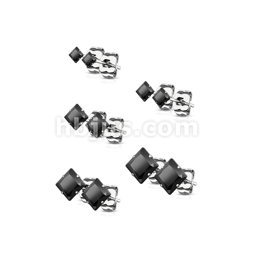5 Pairs of Assorted Sizes Prong Set Square CZ Stainless Steel Stud Earrings Pack - Image 13