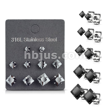 5 Pairs of Assorted Sizes Prong Set Square CZ Stainless Steel Stud Earrings Pack - Image 12
