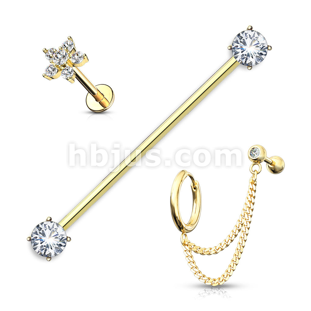 3 Pcs Prong Set CZ Industrial Barbell, Double Chain Link Barbell and Hoop, CZ Flower Labret Stud 316L Surgical Steel Ear Cartilage Mix Value Pack - Image 3