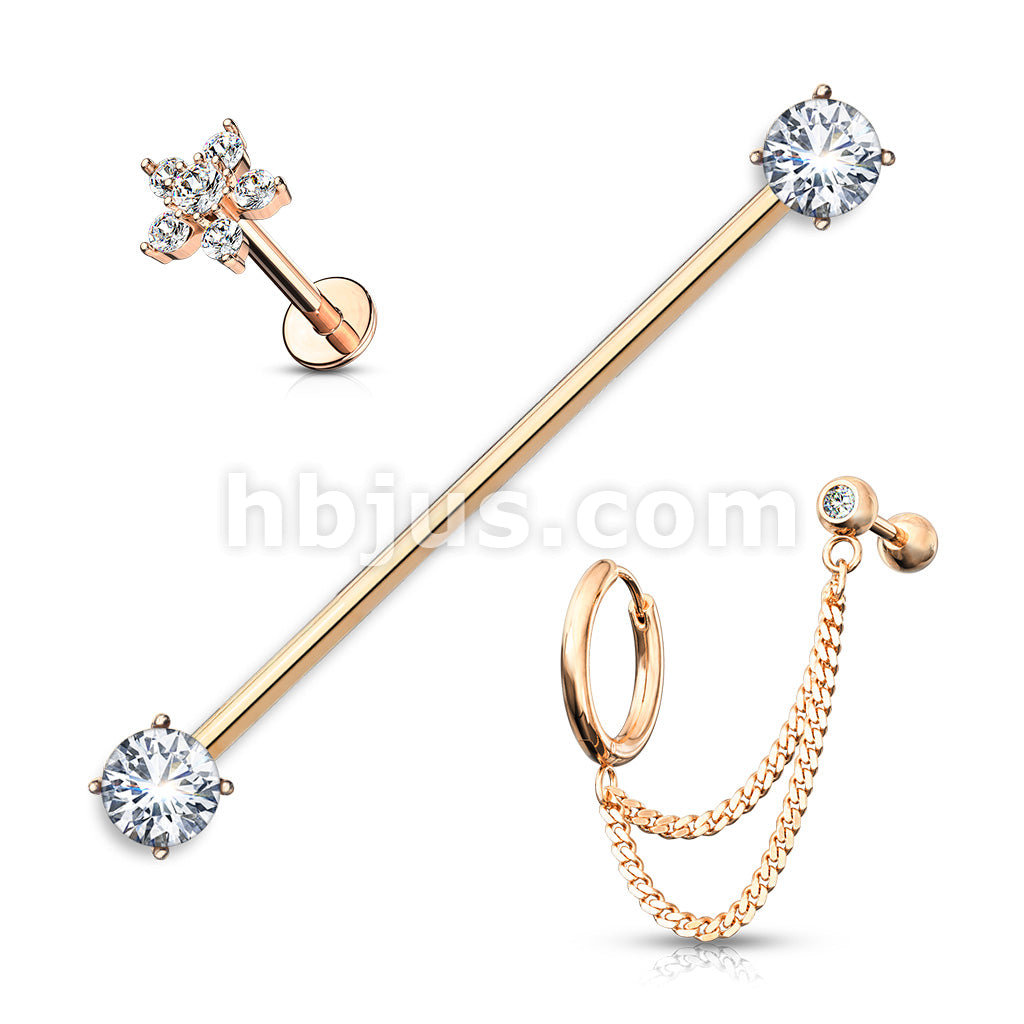 3 Pcs Prong Set CZ Industrial Barbell, Double Chain Link Barbell and Hoop, CZ Flower Labret Stud 316L Surgical Steel Ear Cartilage Mix Value Pack - Image 4