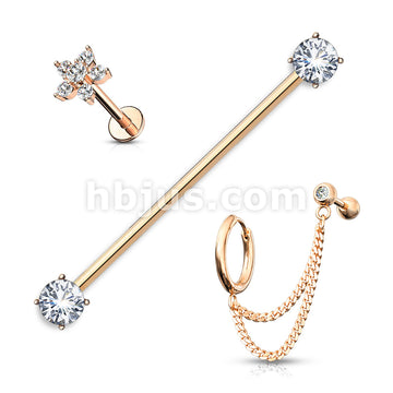 3 Pcs Prong Set CZ Industrial Barbell, Double Chain Link Barbell and Hoop, CZ Flower Labret Stud 316L Surgical Steel Ear Cartilage Mix Value Pack - Image 4