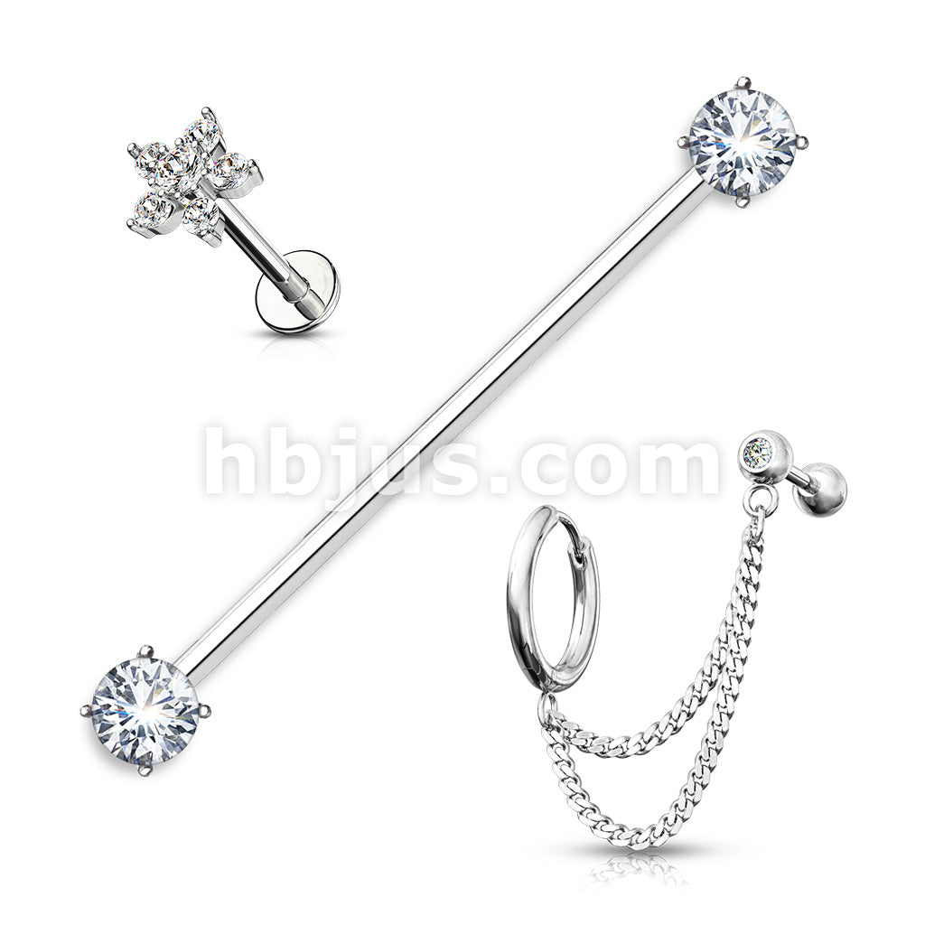 3 Pcs Prong Set CZ Industrial Barbell, Double Chain Link Barbell and Hoop, CZ Flower Labret Stud 316L Surgical Steel Ear Cartilage Mix Value Pack - Image 5