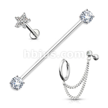 3 Pcs Prong Set CZ Industrial Barbell, Double Chain Link Barbell and Hoop, CZ Flower Labret Stud 316L Surgical Steel Ear Cartilage Mix Value Pack - Image 5
