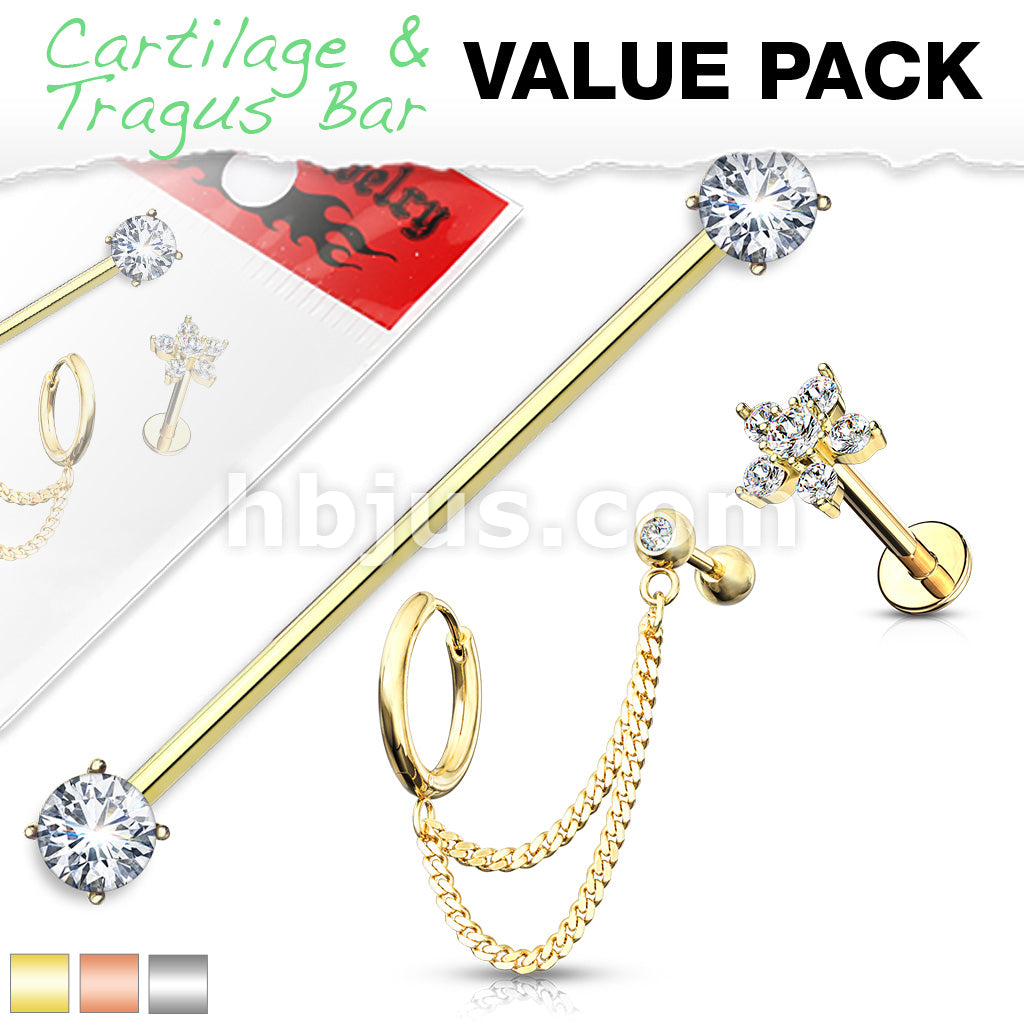 3 Pcs Prong Set CZ Industrial Barbell, Double Chain Link Barbell and Hoop, CZ Flower Labret Stud 316L Surgical Steel Ear Cartilage Mix Value Pack - Image 2